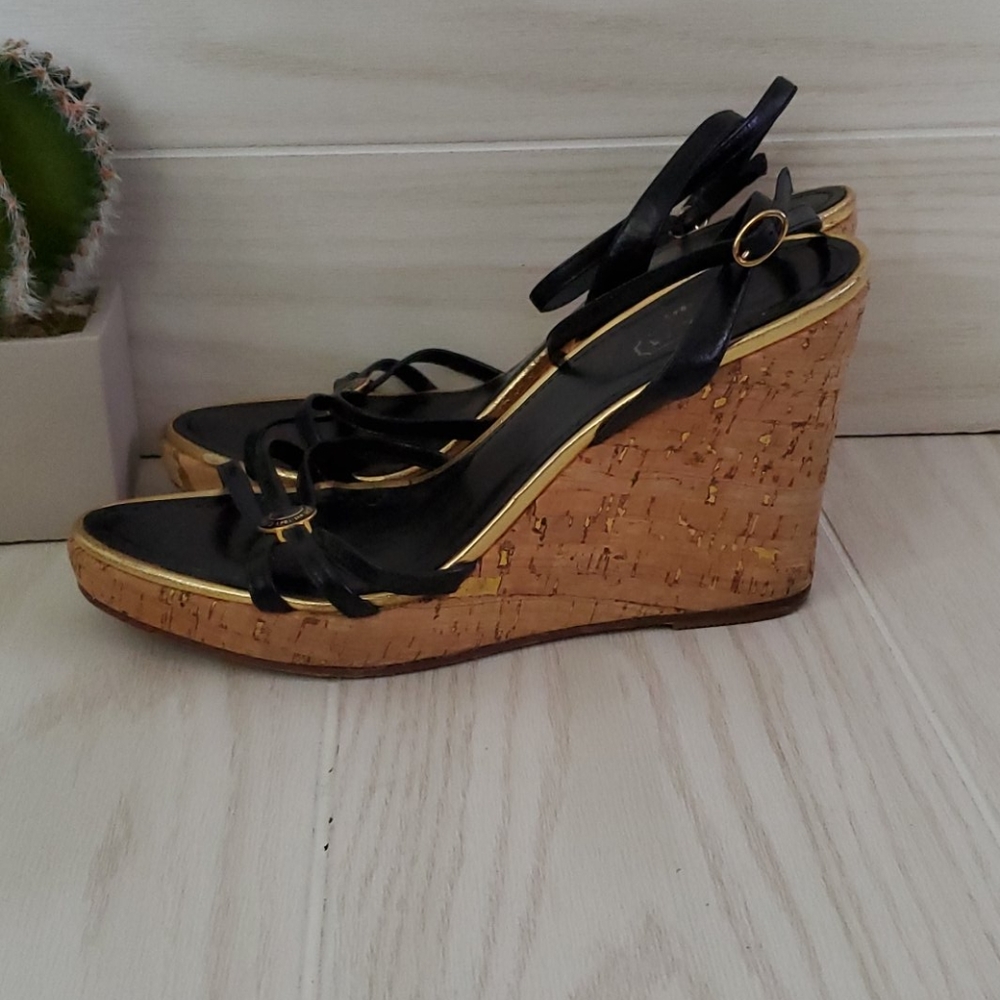 Coach Black Cork Ankle Strap Wedges - Picture 3 of 7